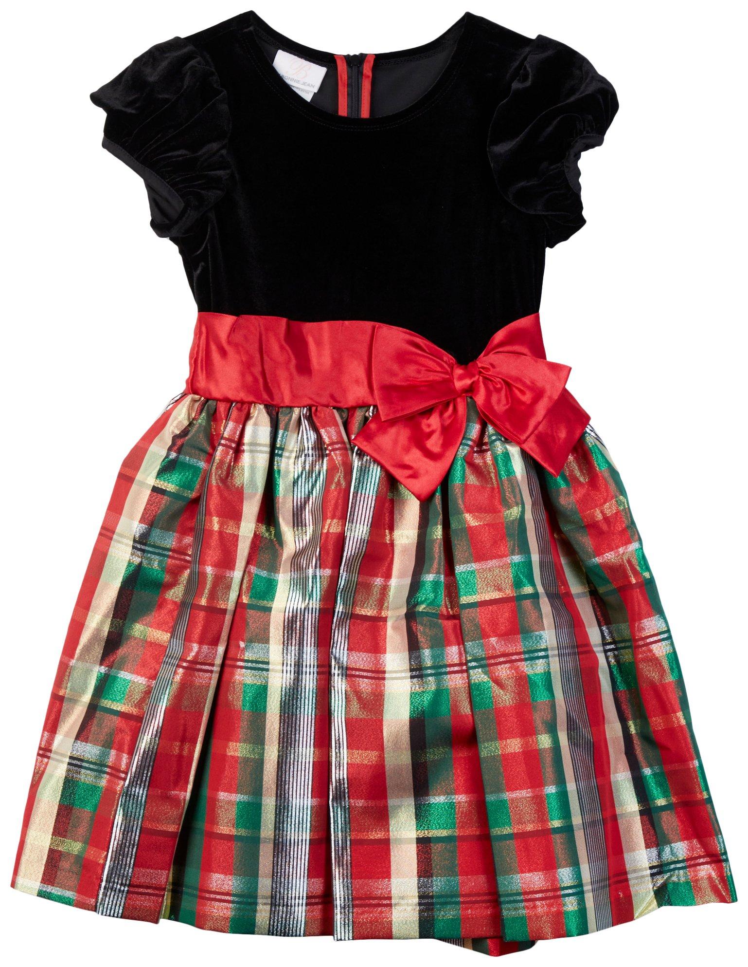 Little Girls Plaid Black Velvet Xmas Dress