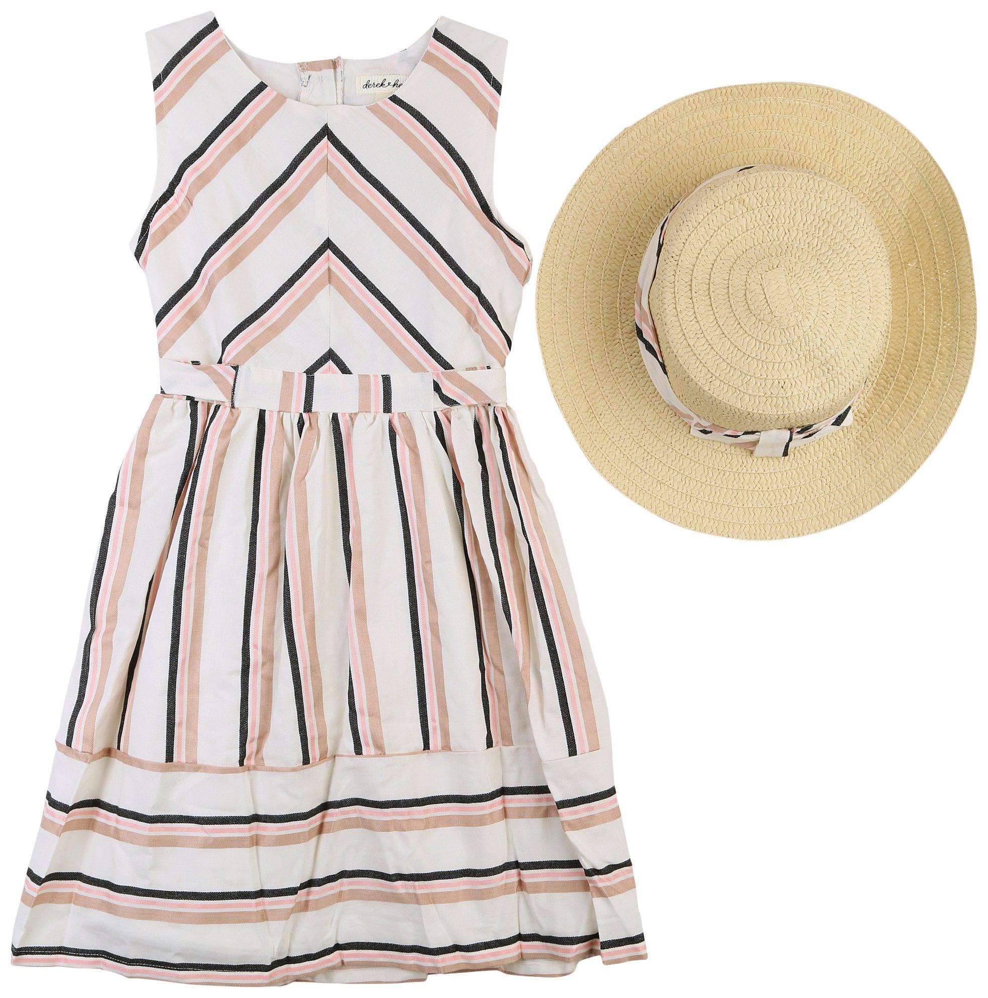 Big Girls Sleeveless Stripe Print Dress & Hat