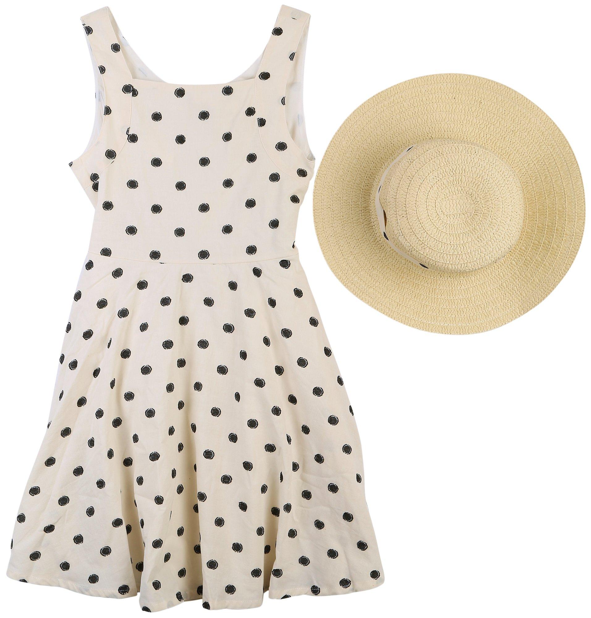 Big Girls Sleeveless Dot Print Dress & Hat