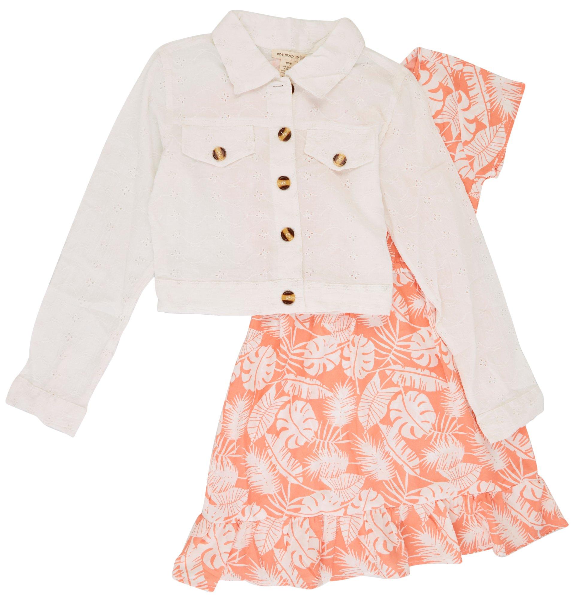 One Step Up Big Girls Tropical Dress & Eyelet Top