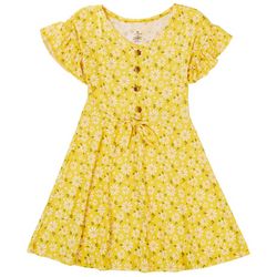 One Step Up Big Girls Floral Tie Front Button Ribbed Dress