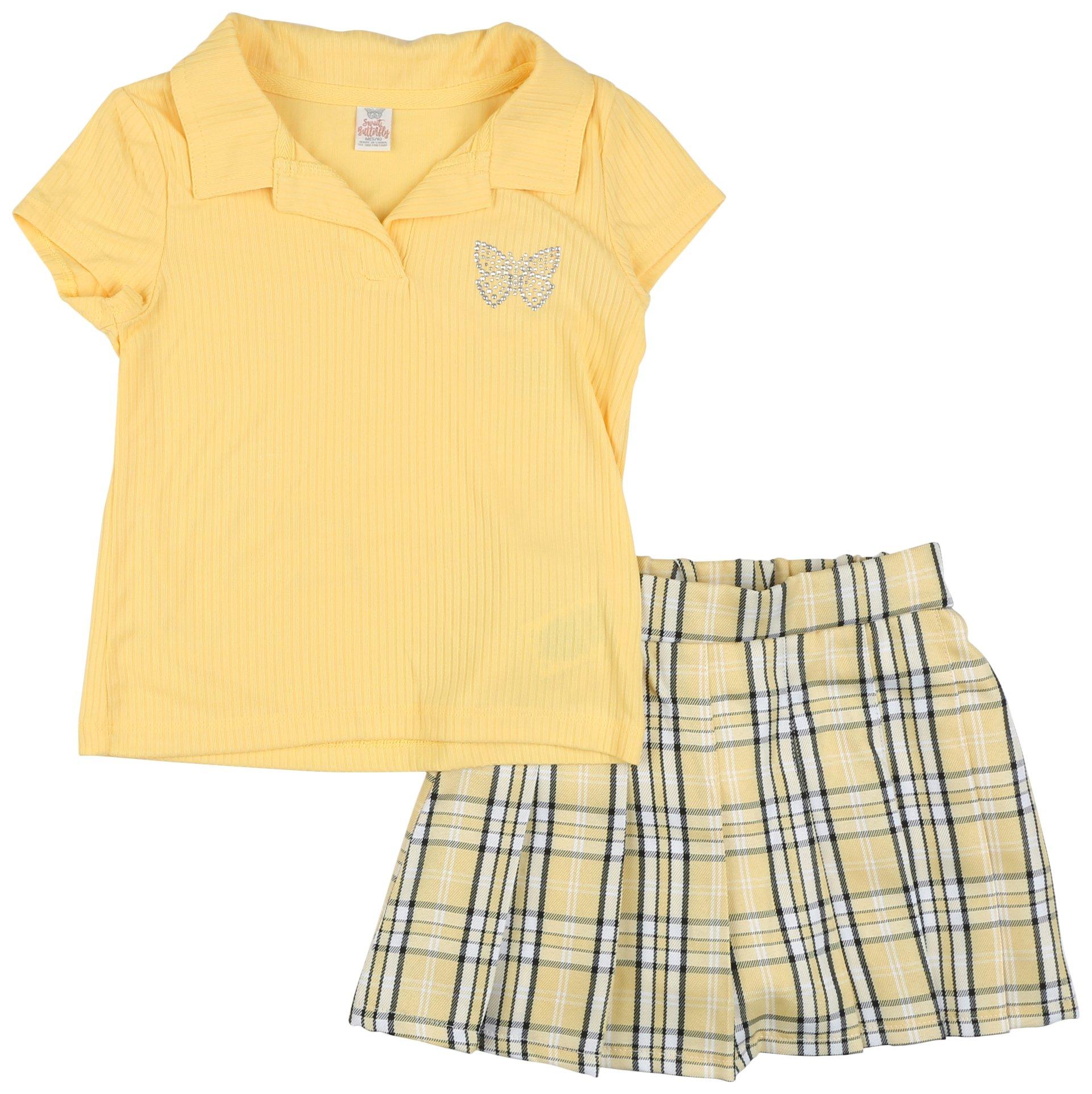 Little Girls 2 pc. Ribbed Polo Plaid Skort Set