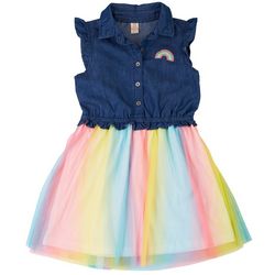 Sweet Butterfly Little Girls Rainbow Denim Tulle Dress
