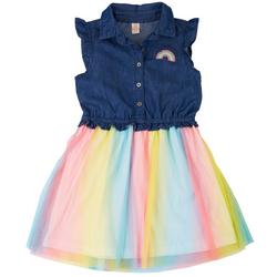 Big Girls Rainbow Denim Tulle Dress