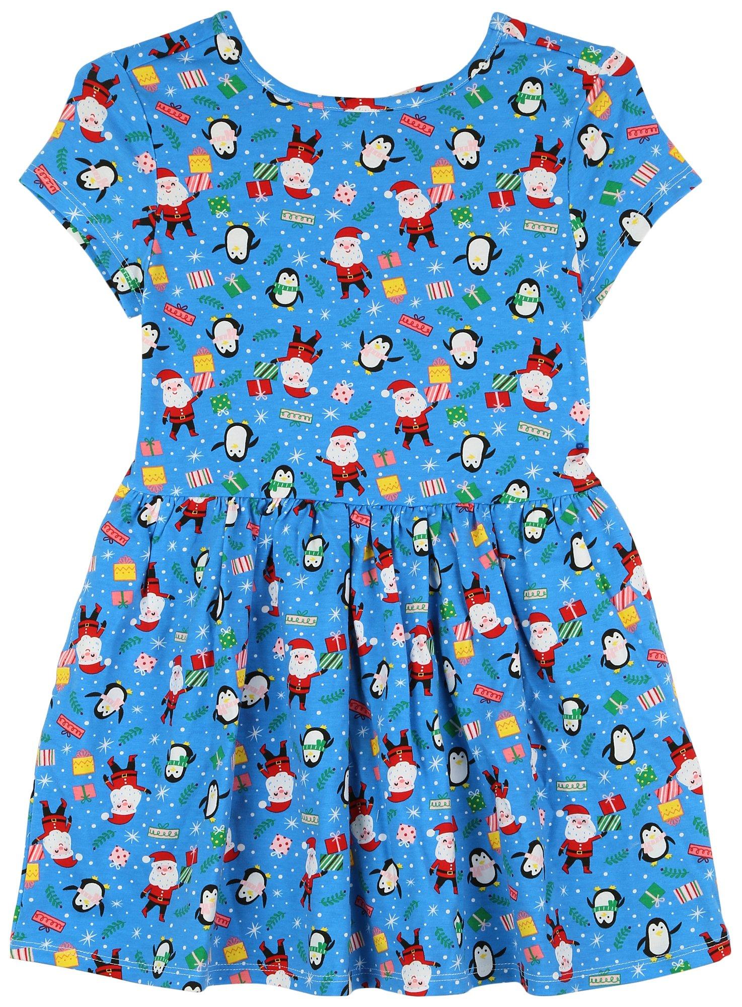 Little Girls Santa And Penquin Xmas Short Sleeve Dress