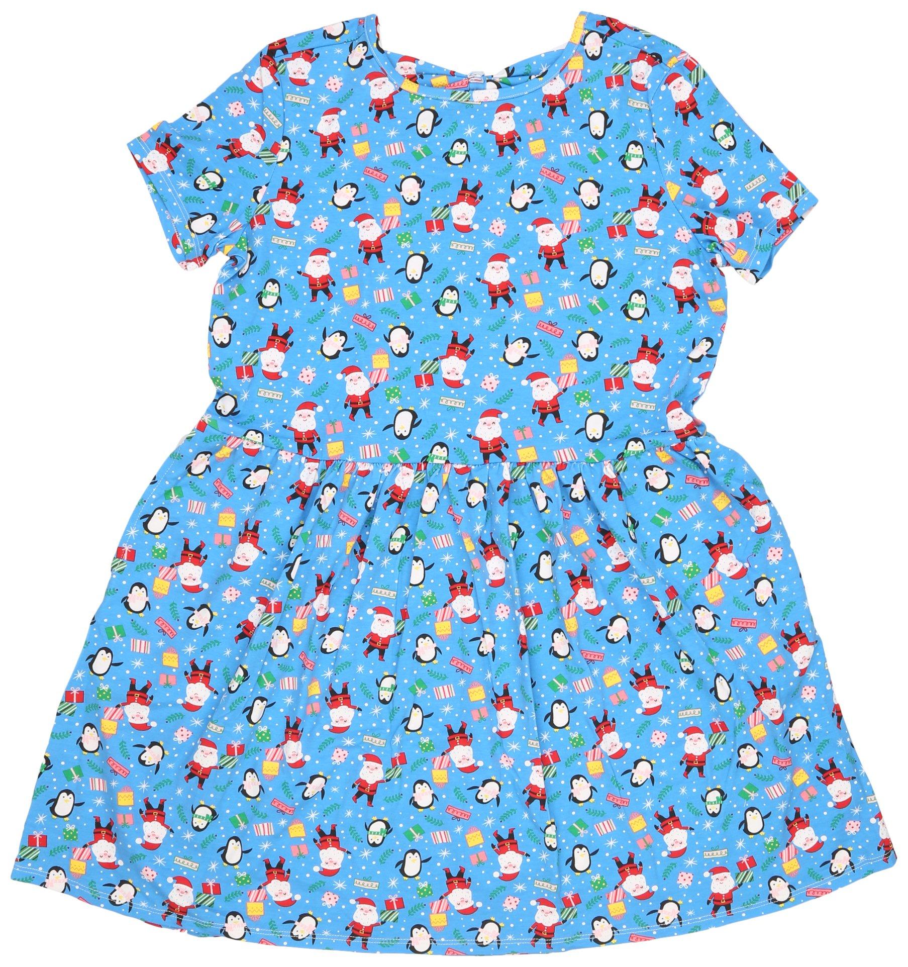 Big Girls Santa And Penquin Short Sleeve Dress