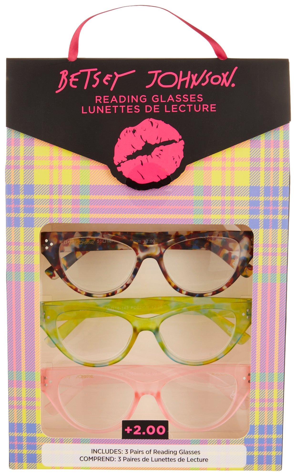 Betsey Johnson Womens 3-Pr. Print/Solid Reading Glasses Set
