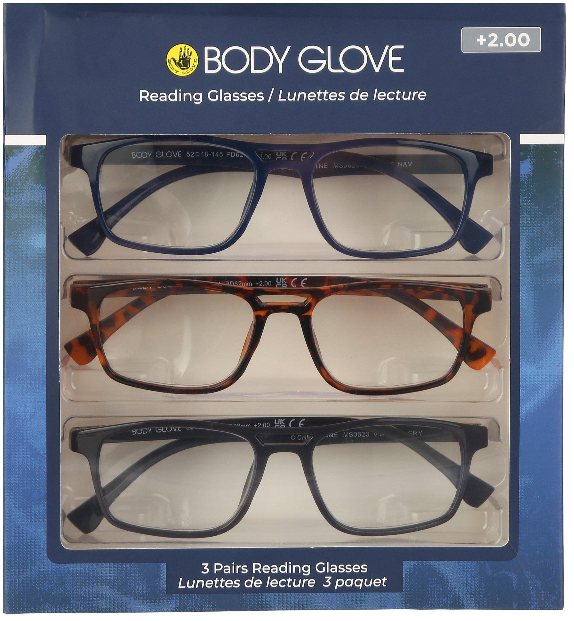 Body Glove Mens 3-Pr. Vented Rectangular Reading Glasses Set