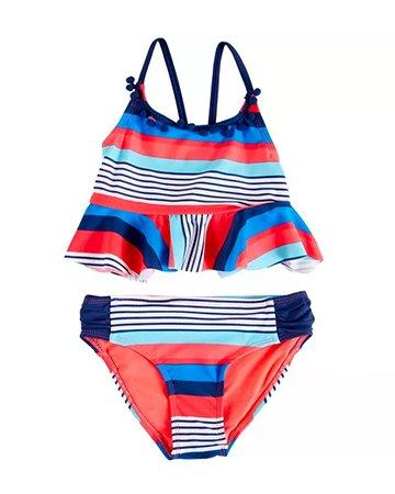 Little Girls 2-pc. Red blue Stripe Ruffle Swim set